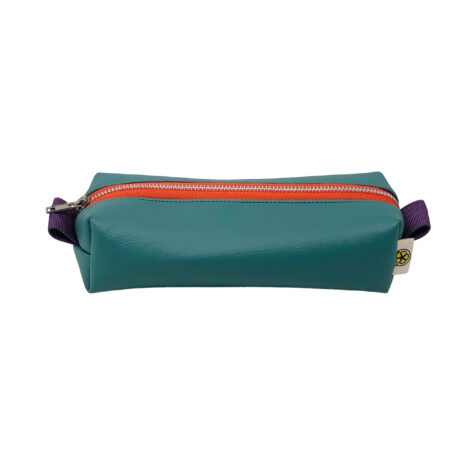 neon orange zipper on turquoise makeup bag 1